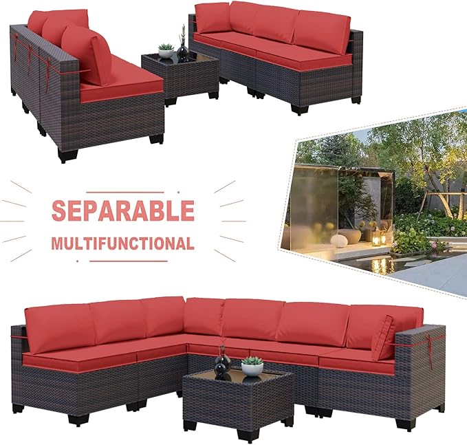 Kullavik 7 Pieces Outdoor Patio Furniture Set,Sectional Rattan Sofa Set Brown PE Rattan Wicker Patio Conversation Set with Tempered Glass Coffee Table and Washable Cushions Covers,Red