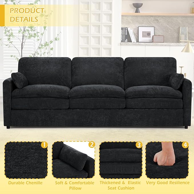 ACMEASE 3 Pieces Chenille Sofa Set w/Arm Pillows, Upholstered Loveseat & 2 Pieces 3 Seater Sofa w/Comfortable Back Cushions, Modern 2-Seat & 3-Seat w/High-Density Foam for Living Room, Black
