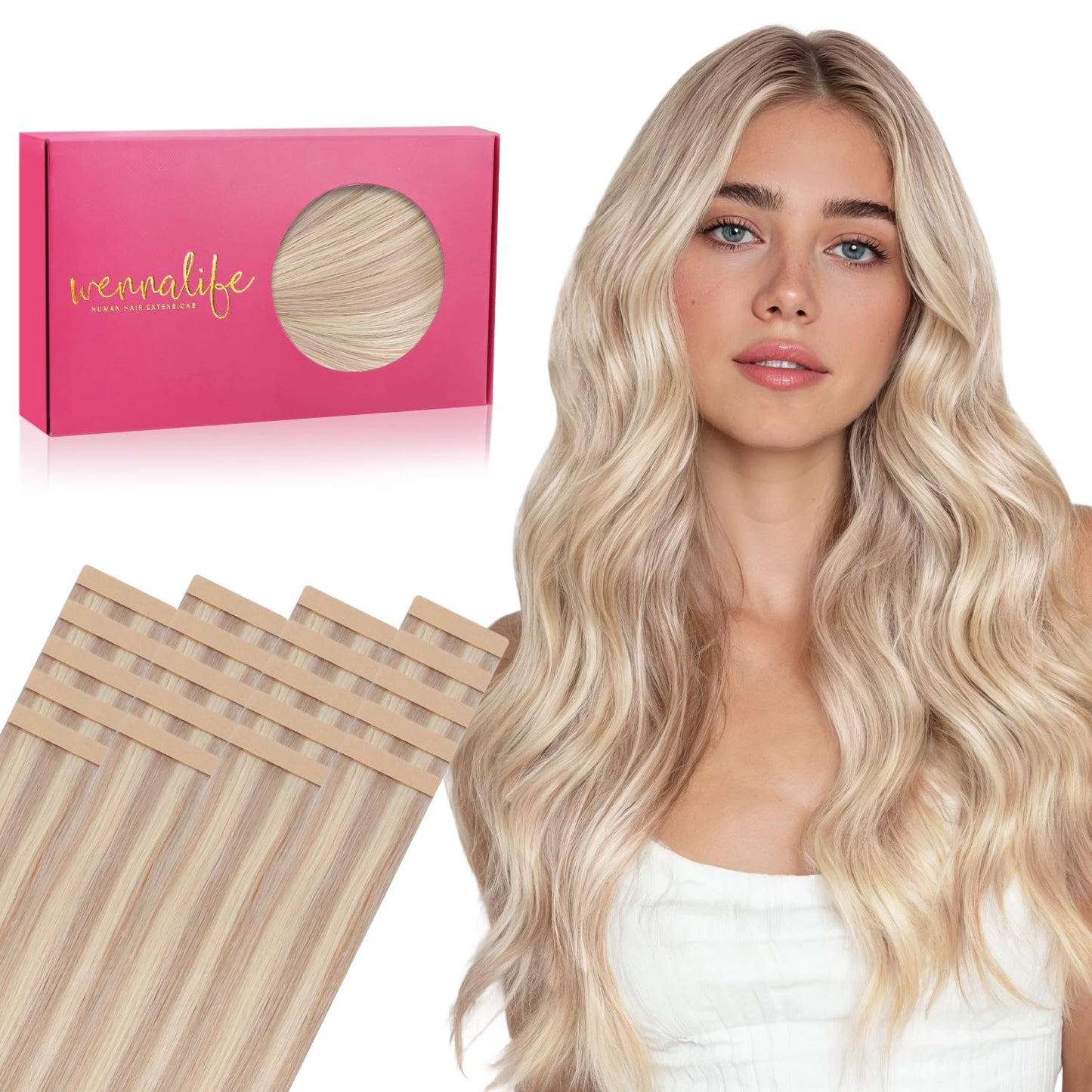 WENNALIFE Tape in Hair Extensions Human Hair, 20pcs 50g 18 inch Balayage Light Wheat Platinum Blonde Remy Hair Extensions for Wo