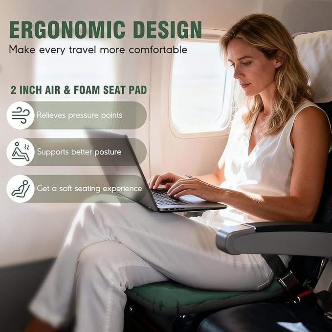 GDREAMT Inflatable Seat Cushion, Self-Inflating Memory Foam Stadium Seats Cushion Lightweight & Compact Chair Sitting Pad Airplane Cushion for Long Flight Travel Outdoor Camping Car Bleachers Office