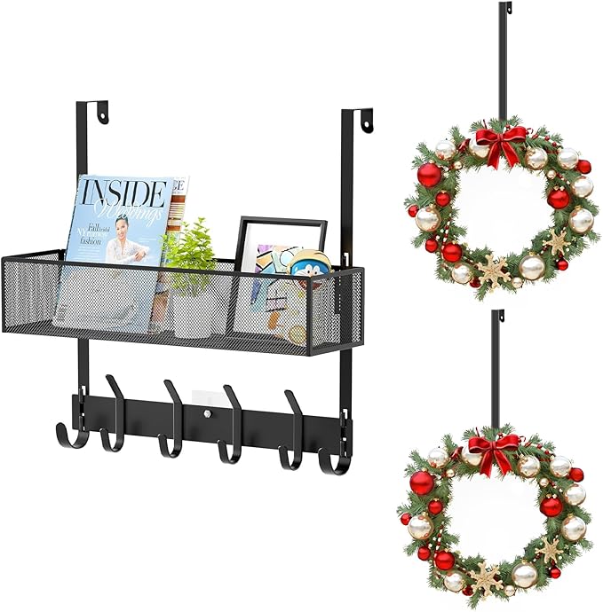 LUCYCAZ Over The Door Hooks - Over Door Organizer, Door Hanger Towel Rack with Mesh Basket & Wreath Hanger, Behind Door Storage Coat Hooks for Bathroom, Bedroom, Kitchen (Black)