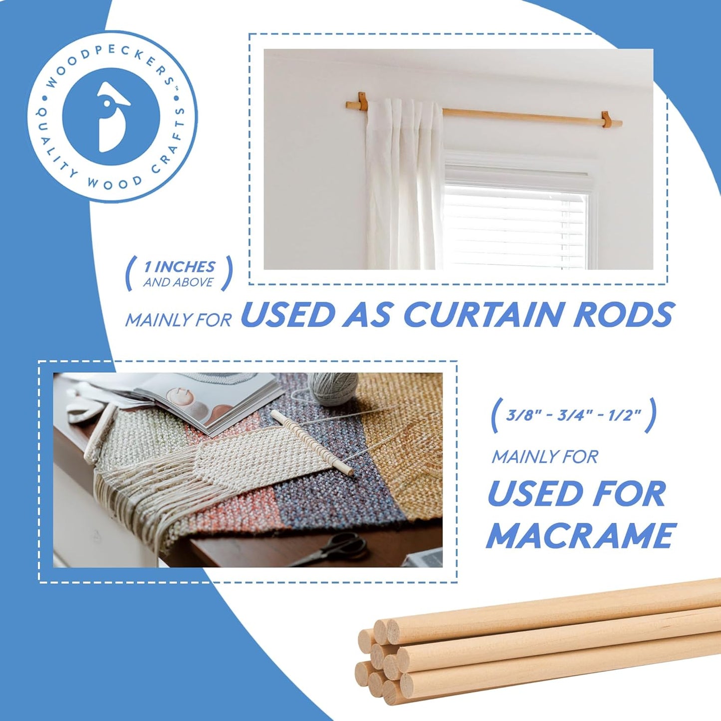 Wooden Dowel Rod, 1 Inch x 12 Inch Wood Dowels, Pack of 50 Wooden Dowels for Crafts, Unfinished Hardwood Wooden Dowels Rods, Strong Wood Rod Dowels for Crafting and DIYers