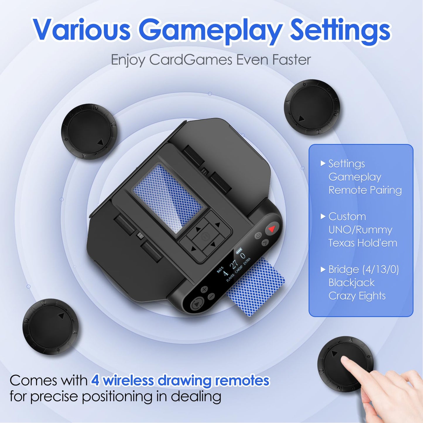 Automatic Card Shuffler and Dealer 2-in-1 with Extra Gift 100PCS Poker Set and Casino Felt - Support 12 Players, 4 Drawing Remotes, Built-in Gameplays, 360°/180° Deal, 2 Decks for Poker, UNO, Phase 10