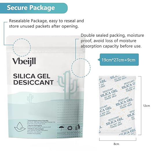 50 Gram (10 Pack) Color-Indicating Silica Gel Packets, Premium Food Grade Desiccant - Rechargeable Moisture Absorbers for Food Storage, Electronics, 3D Filament & Safes