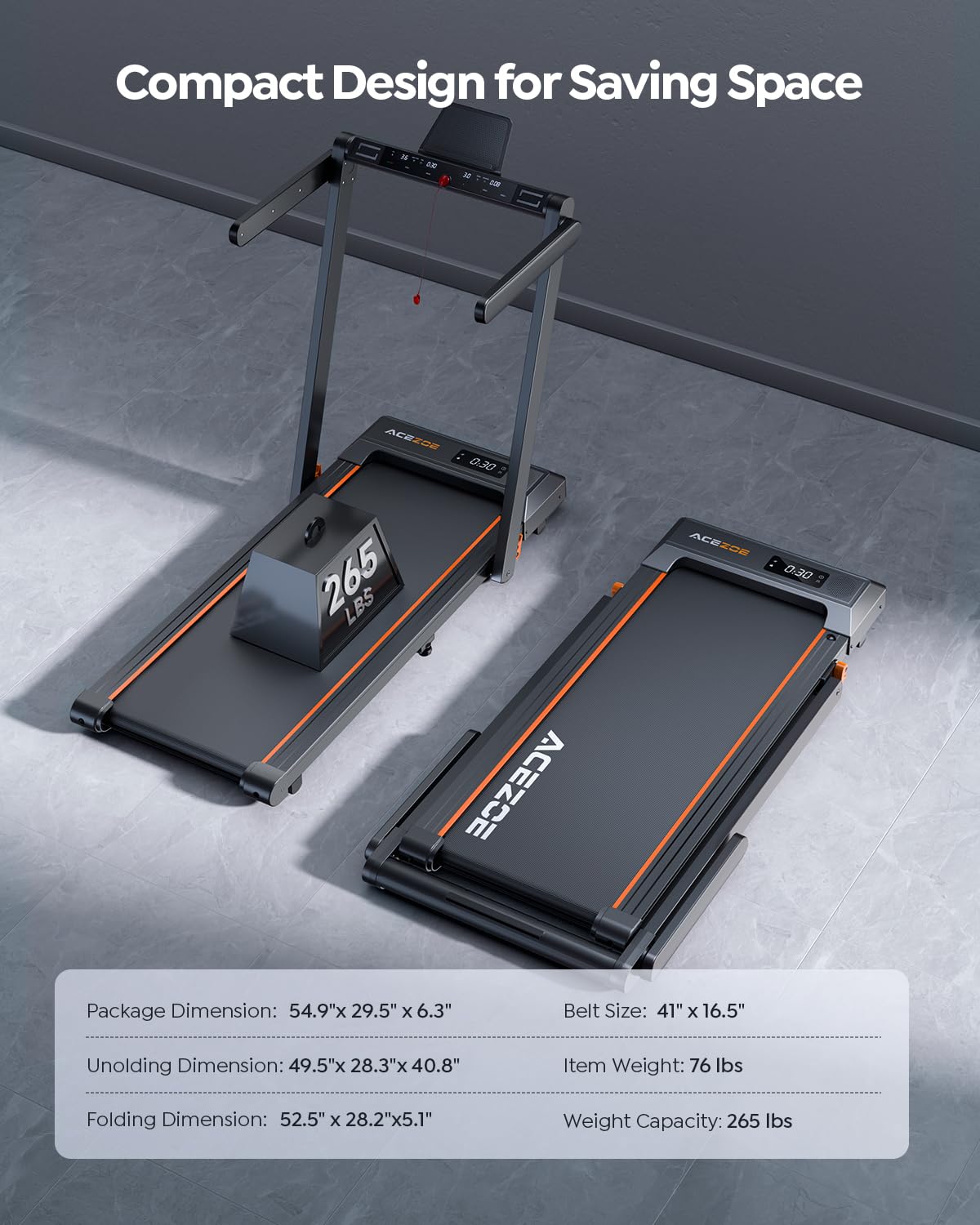 Acezoe Foldable Treadmill with Handle Bar, 2.5HP Treadmills for Home, Under Desk Treadmill with 300LBS Capacity, Walking Pad with Speaker, APP/Remote Control