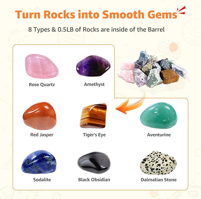 C5 Rock Tumbler for Kids - Dual Noise-Reduction for Quiet Tumbling, Adjustable Timer & Speed with Full Accessories & Memory Function, Complete Rock Polishing Kit for Starter - Great STEM Science Gift