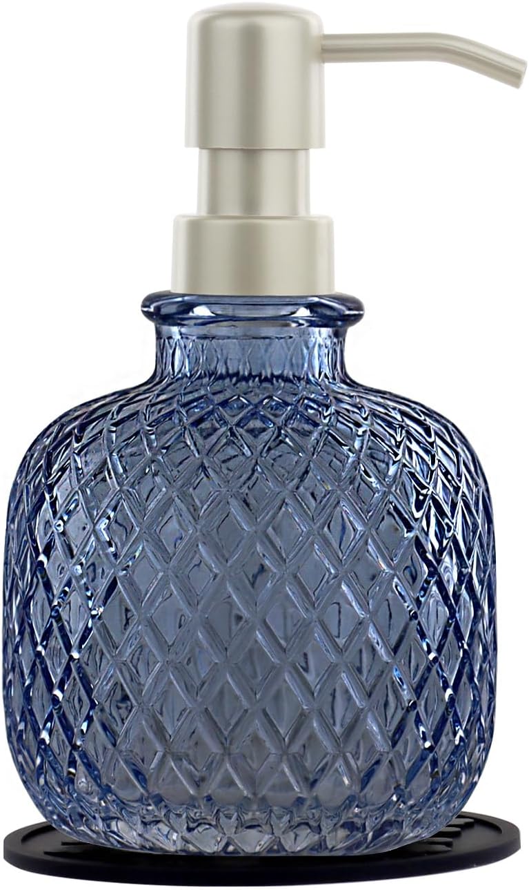 Soap Dispensers with Silicone Mat, for Kitchen and Bathroom Contertop Wash Hand Liquid, Dish Detergent, Farmhouse Style Shampoo Lotion Pump (1, Blue Glass with Champagne, 3-1/2" x 3-1/2" x 6-1/4")