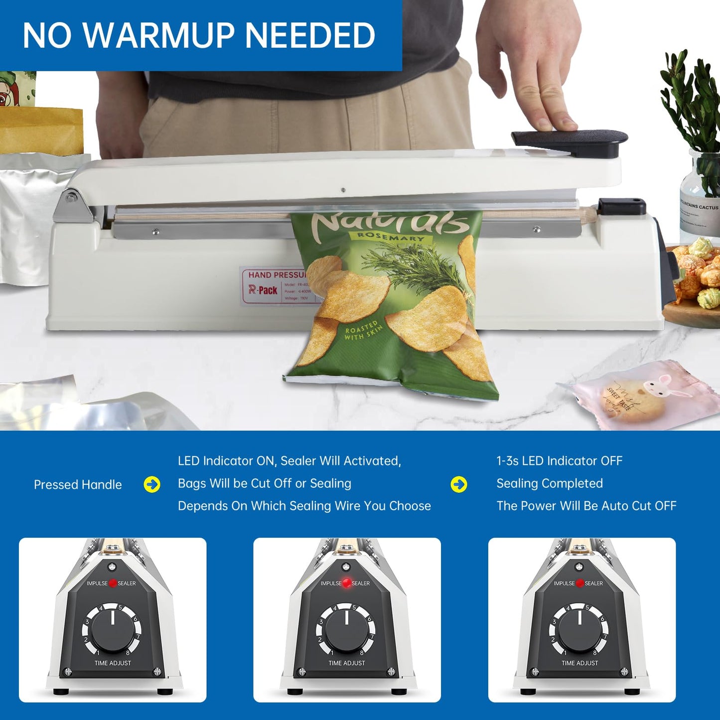 R-PACK Impulse Heat Sealer with Seal bar, Heavy-Duty Bag Sealing & Cutting Machine, 2 Extra Replacements（Purple, 8inch）