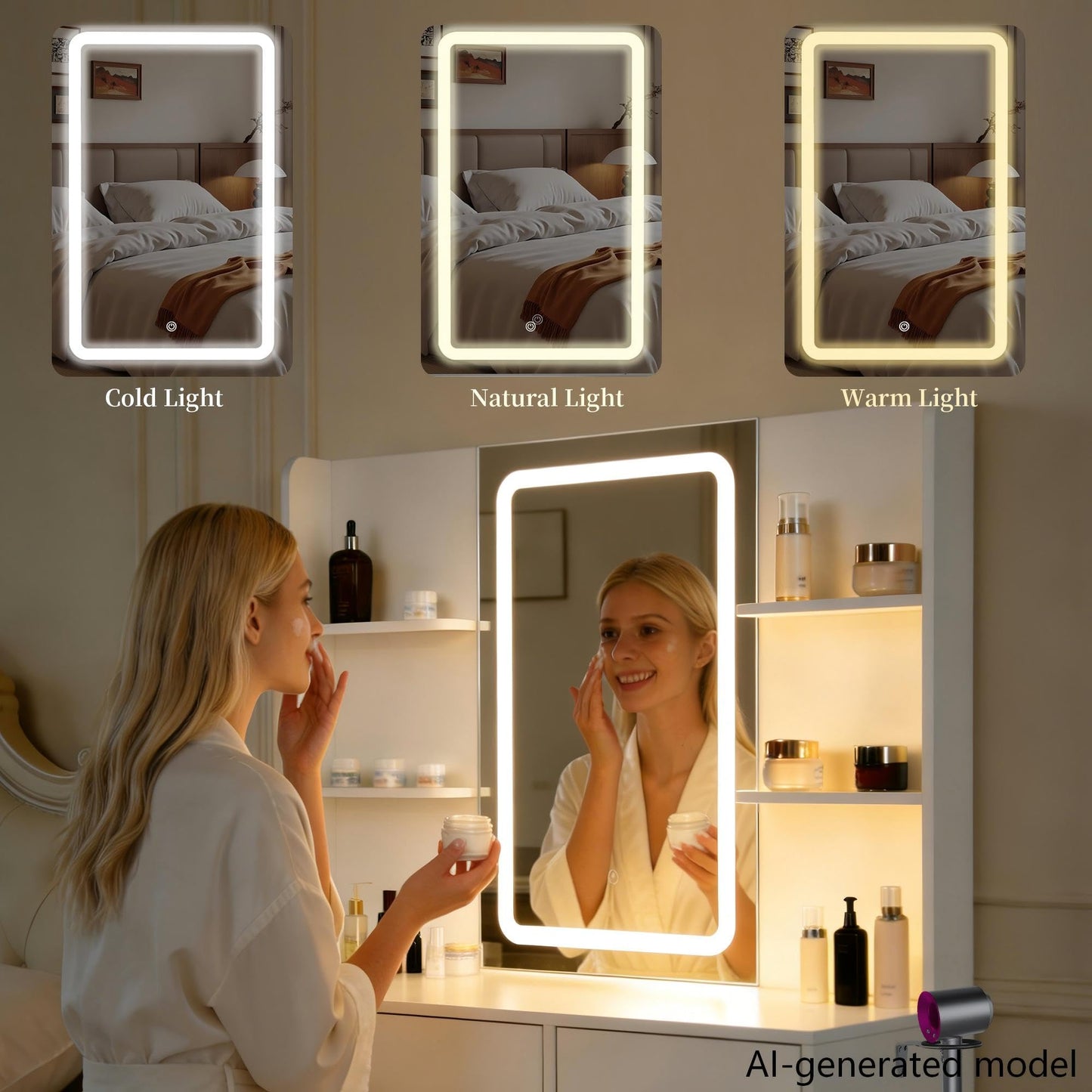 Ntufrest White LED Vanity Table with Three-Color Adjustable Light HD Mirror, USB Charging Port,Leather Stool, Double-Layer Acrylic Cabinet with Ambient Lighting,and Makeup Table with Drawer Storage