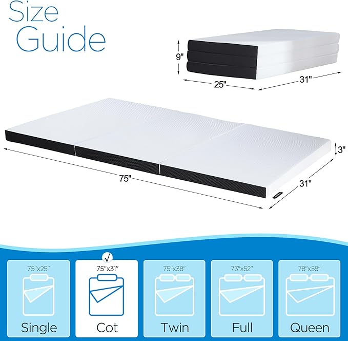 Roxzo 3 inch Memory Foam Trifold Cot Size Folding Mattress, Portable Travel Mattress, Breathable & Washable Fabric Cover, Perfect for Guest Bed, Camping, Road Trip, 75"x31"x3"