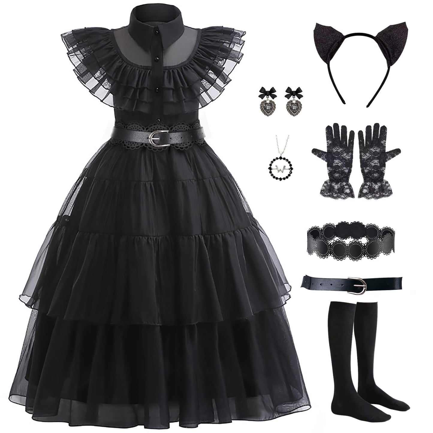 CVNHMG Costume Dress Kids Girls Black Cosplay Halloween Party Dress Up Gothic Costume with Accessories