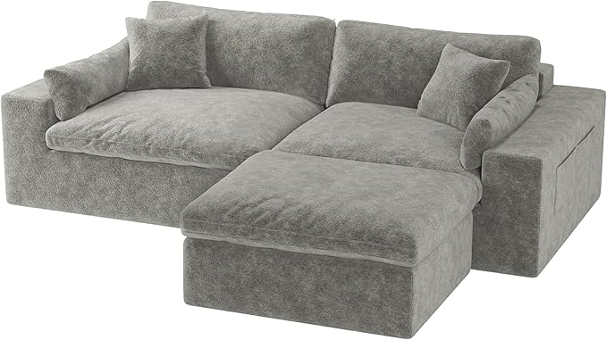 Cloud Sectional Couches for Living Room, Modern Boneless Modular Sofa with 1 Ottoman, Oversized Boneless Sectional Couche with 2 Deep Seat, No Assembly Required L-Shape Couch, Plush Fabric, Light Gray