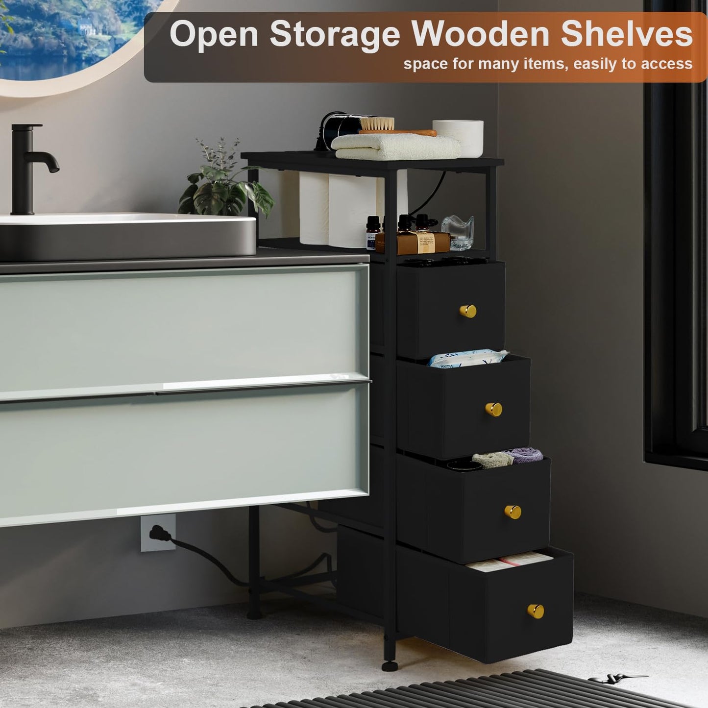 amoorpax Narrow Fabric Dresser for Bedroom, with Charging Station, Small Dressers Bathroom (Black)