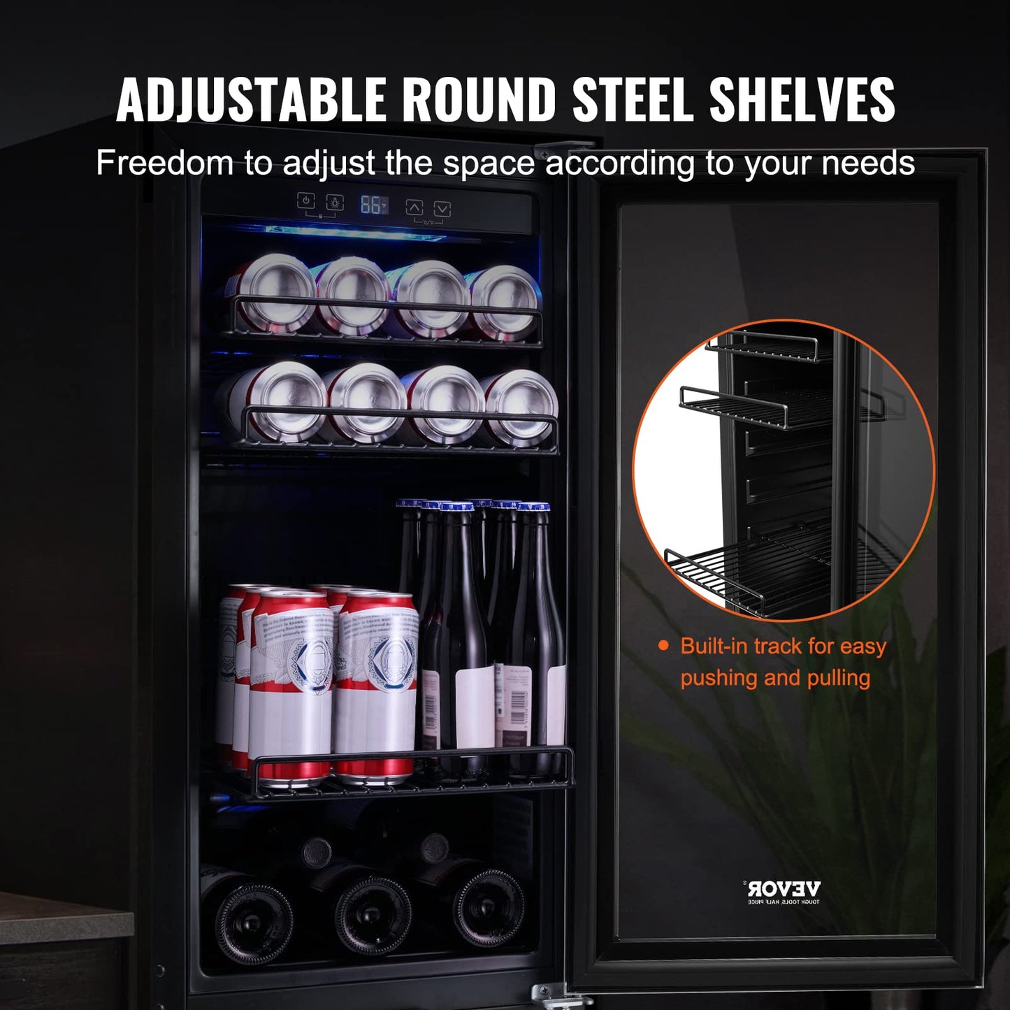 VEVOR 15” Beverage Refrigerator, 96 Cans Under Counter Built-in or Freestanding Beer Fridge, Blue LED Light, Adjustable Shelves, Child Lock, ETL
