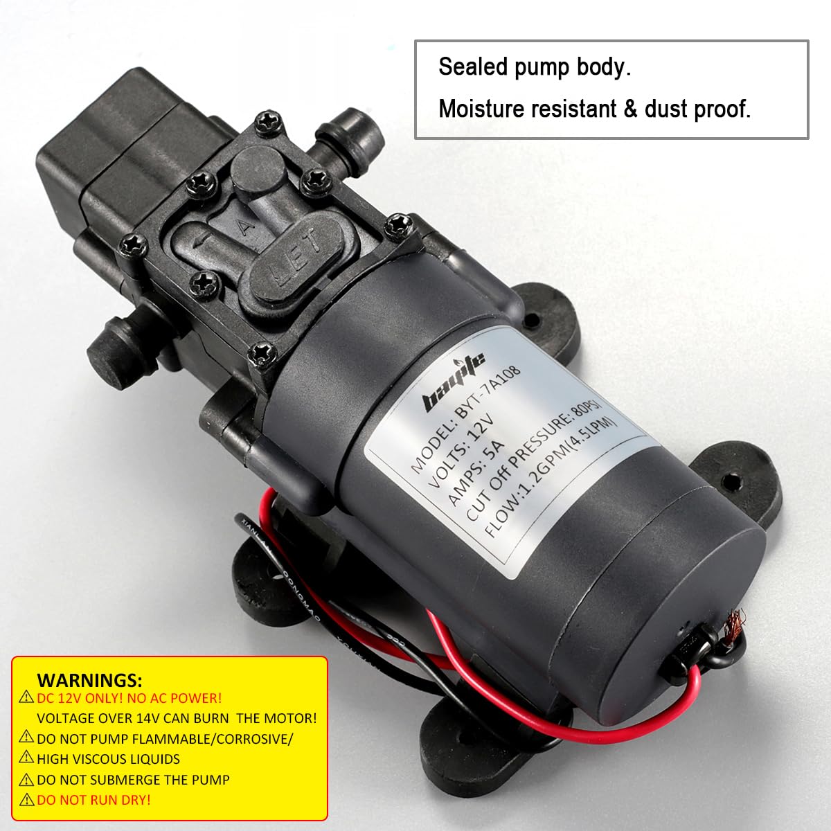 bayite 12V DC Water Transfer Pump with 2 Hose Clamps 12 Volt Diaphragm Pump Self Priming Sprayer Pump with Pressure Switch 4.5 L/Min 1.2 GPM 80 PSI for Weed ATV Marine Boat