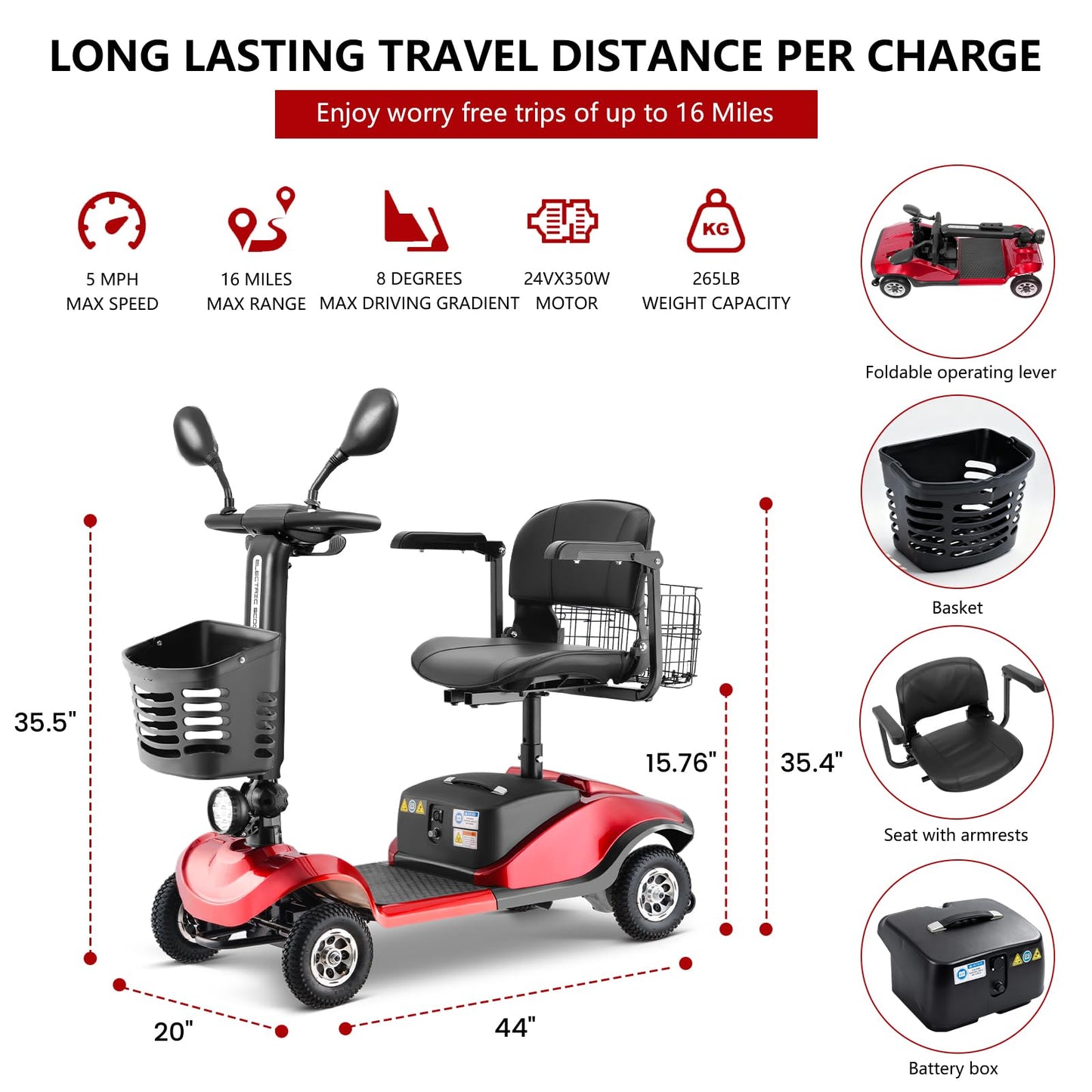 4 Wheel Compact Mobility Scooter for Seniors and Adults,Foldable Electric Scooter, Heavy Duty Travel Model with Lights, Basket, and Long-Lasting Battery208 red
