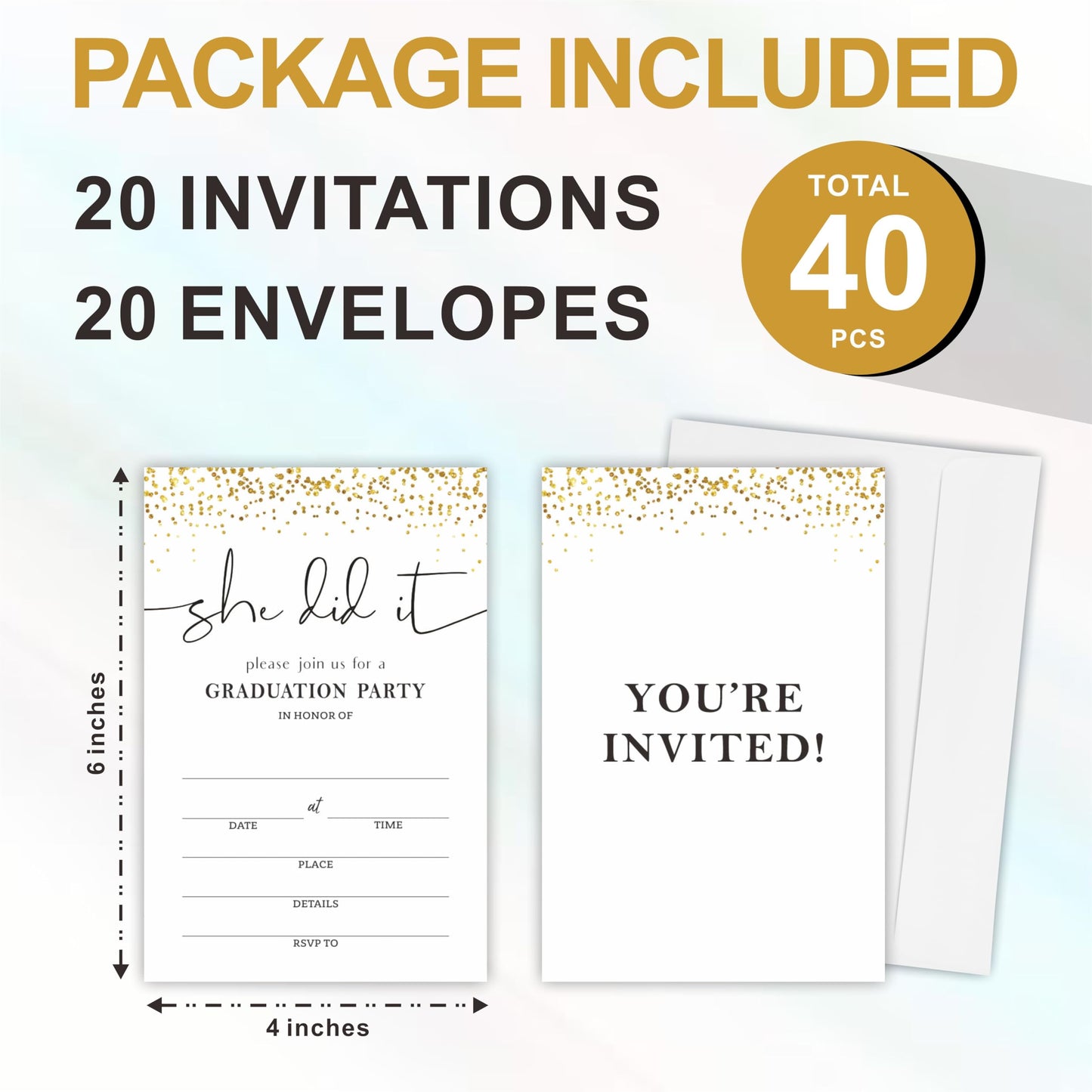 She Did It - 20 Shiny Gold Graduation Invitation With Envelopes, Class Of 2024， High School, Double-Sided Invite Cards For University, College Graduate Celebration, Party Favor & Supplies(A01)
