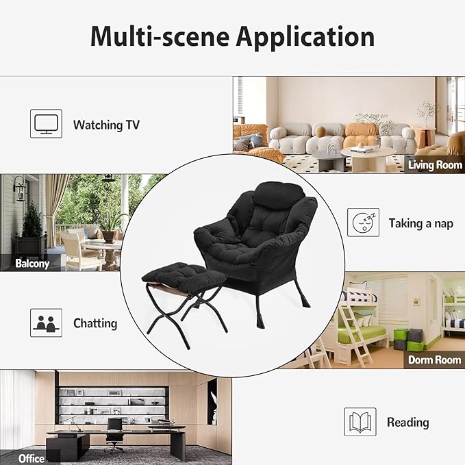 Youtanic Lazy Chair with Folding Ottoman, Accent Chair Velvet Upholstered with Metal Structure and Non-Slip Pads, Sofa Armchair with Footrest and Side Storage Bag for Dorm, Room, Office, Black