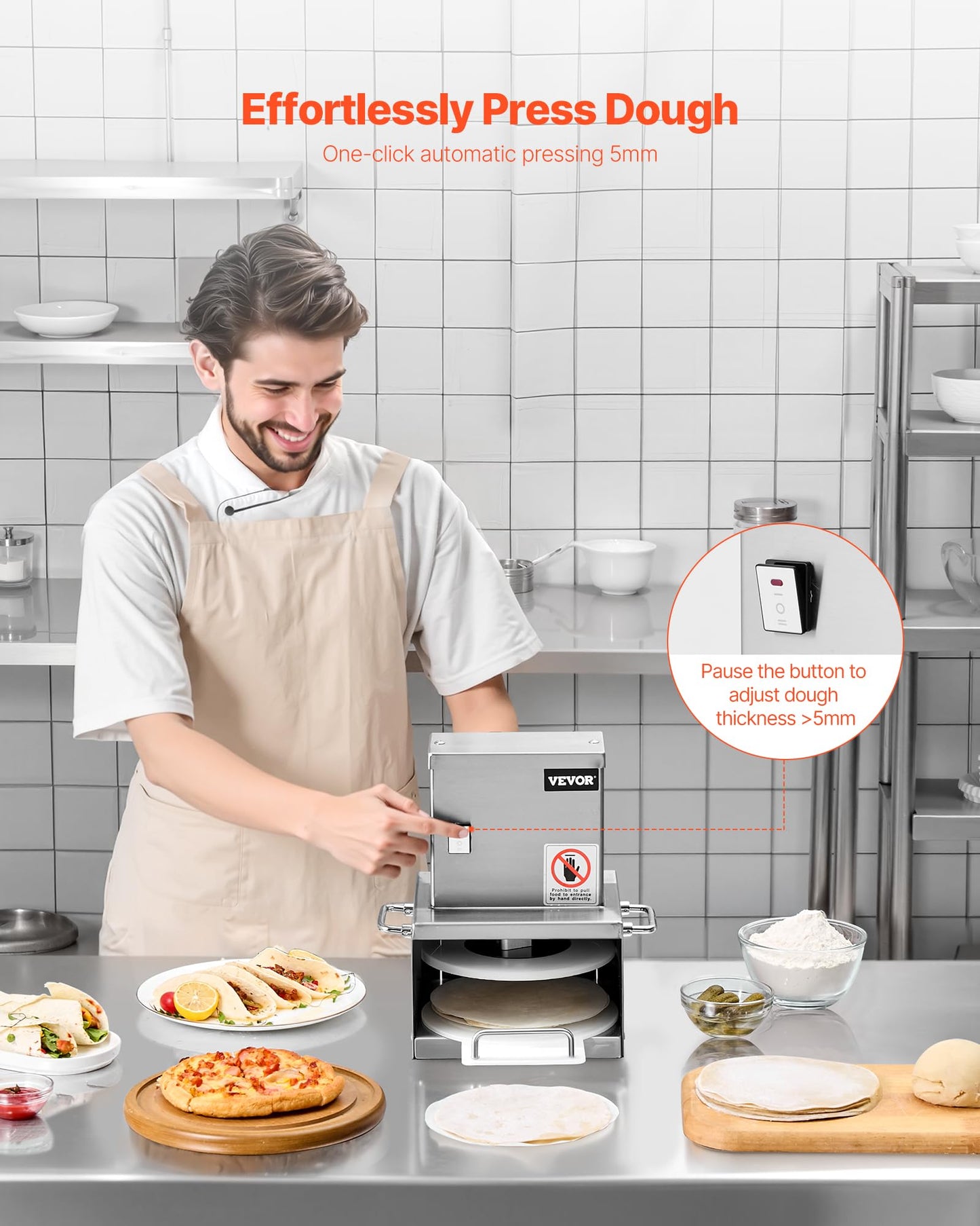 VEVOR Electric Pizza Dough Press Machine, 6 Inch Pizza Pastry Press Plate, Stainless Steel Bread Presser, Commercial Forming Machine with Adjustable Thickness and 100 Sheets of Parchment Paper