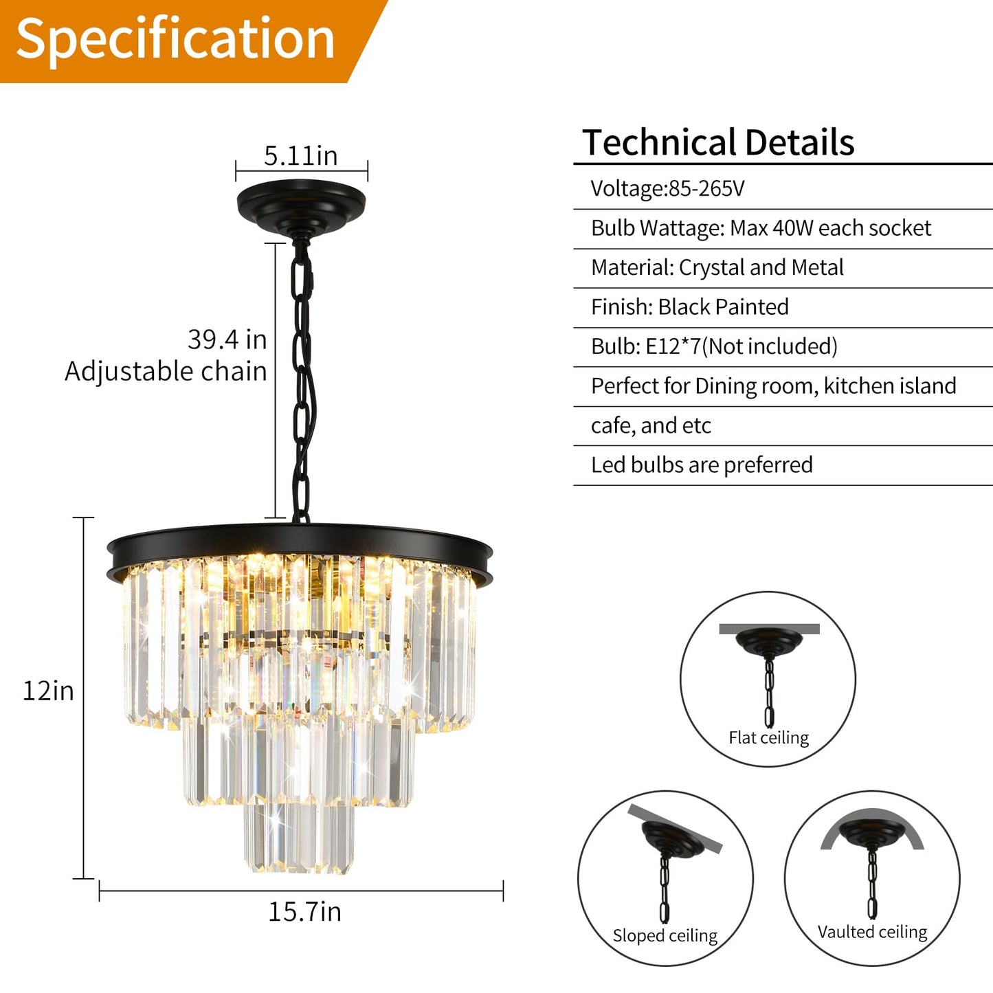 AKDXIRUN Modern Black Crystal Chandelier 3-Tier Round Chandeliers Pendant Ceiling Light Fixture Flush Mount for Dining Room Living Room Bedroom Foyer Hallway Entryway W16