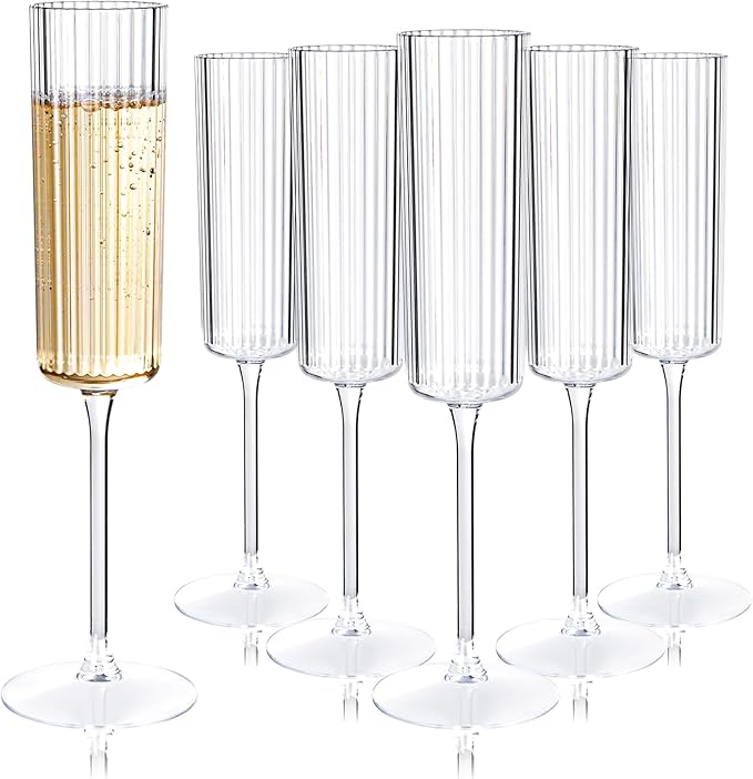 Ciaell 24 Pack Plastic Champagne Flutes - 6oz Ribbed Disposable Champagne Glasses - Clear Vintage Mimosa Glasses with Long...