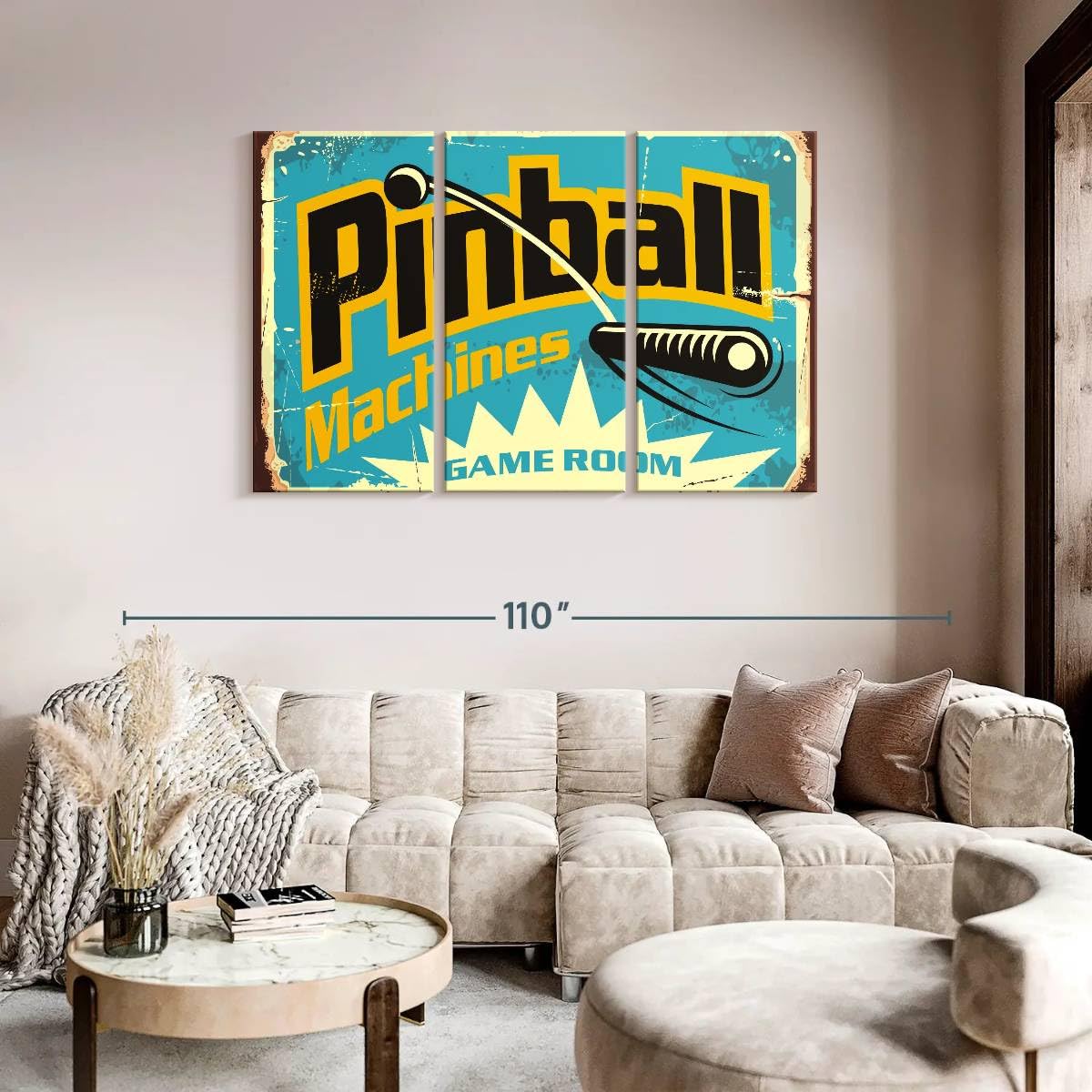 ElephantStock Pinball Machine Game Room Wall Art - Horizontal Canvas - 3-Piece Living Room Wall Decor - Retro Digital Art Canvas Print - Turquoise and Black Decor for Wall - 74" X 48"