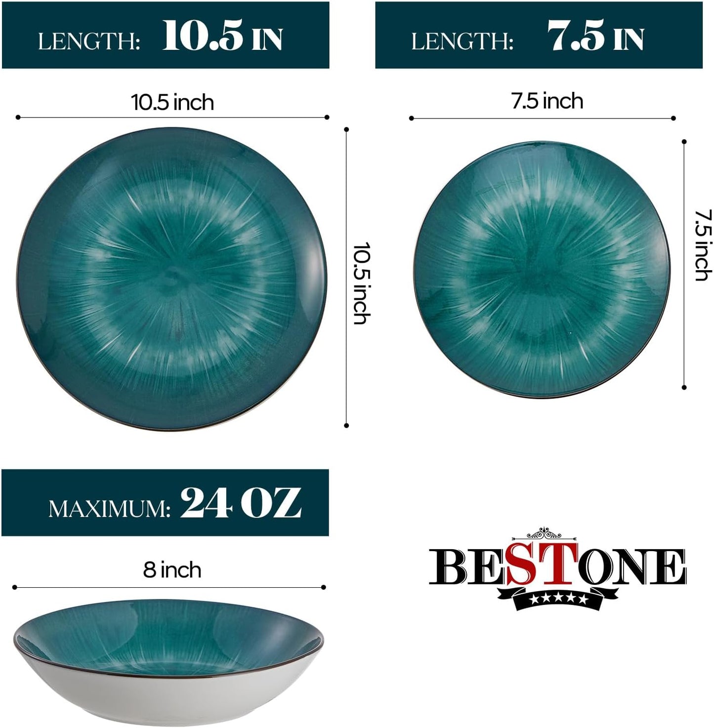 Bestone Porcelain Dinnerware Sets Service for 4, 12 pcs Hand drawn Plates and Bowls Sets, Handmade Ceramic Dish Set, Chip Resistant Modern Plate Set, Dishwasher/Microwave Safe，Starburst Green