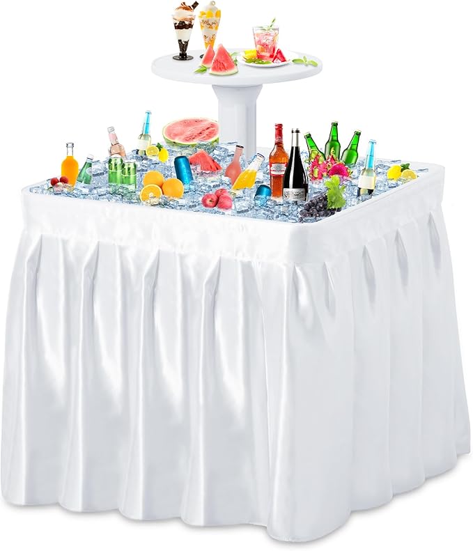 Haddockway Two-Tier Ice Cooler Table, Square Ice Tables for Parties with Drain, Removable Matching Skirt & Rounded Tray, F...