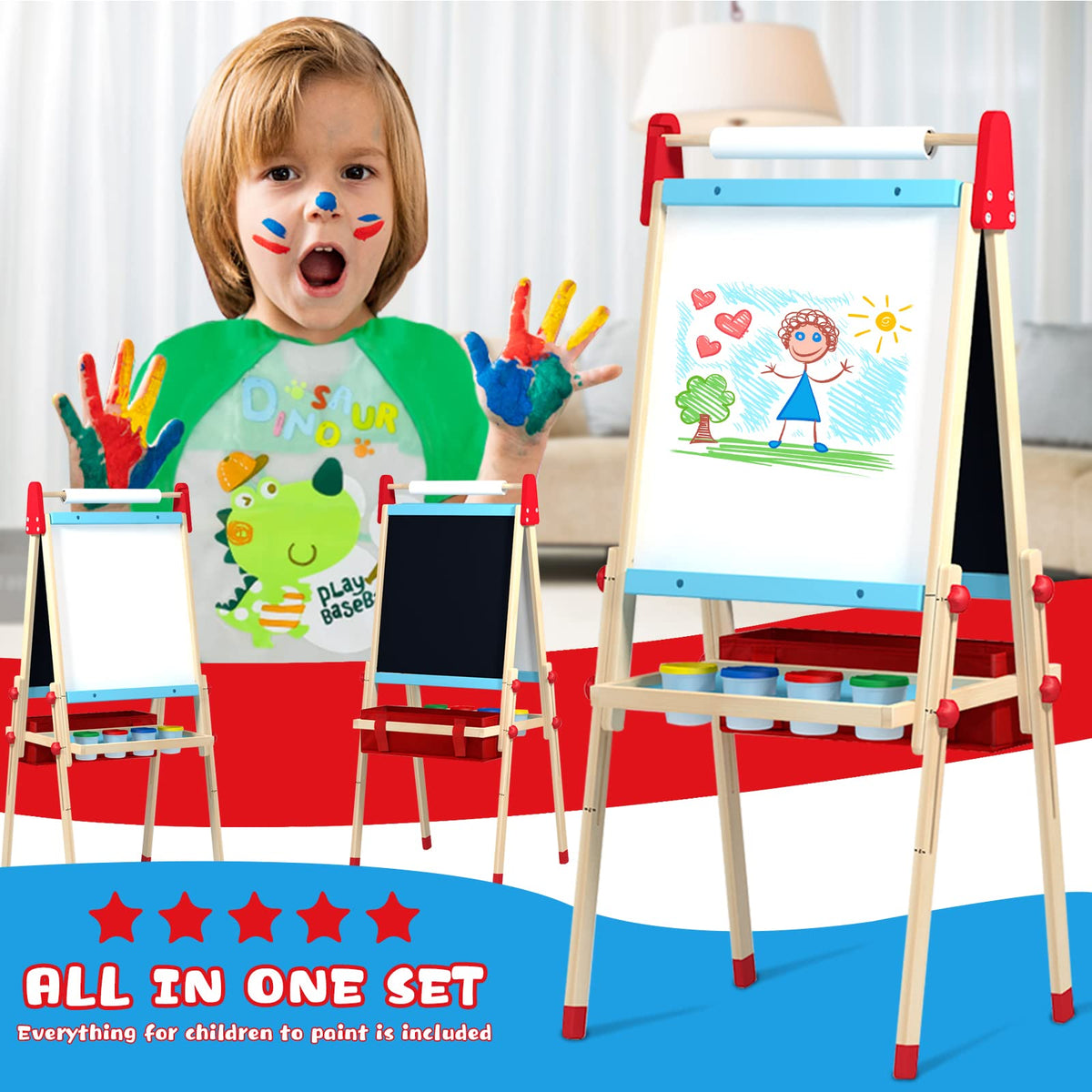 WOOD CITY Easel for Kids, Adjustable Standing Art Easel with Painting Accessories Wooden Chalkboard & Magnetic Whiteboard & Painting Paper Stand, Toddler Art Set Easel for Toddlers 2-12 Year Olds