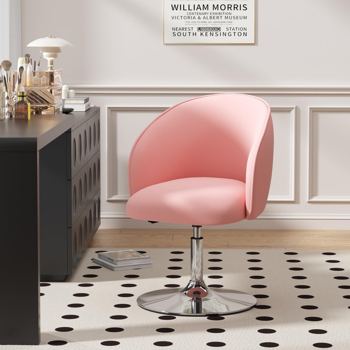 Furniliving Swivel Vanity Stool Contemporary Round Velvet Back Tilt Accent Chairs 360° Makeup Chair with Chrome Frame Height Adjustable Charming Chair Lounge Pub Bar (Pink)