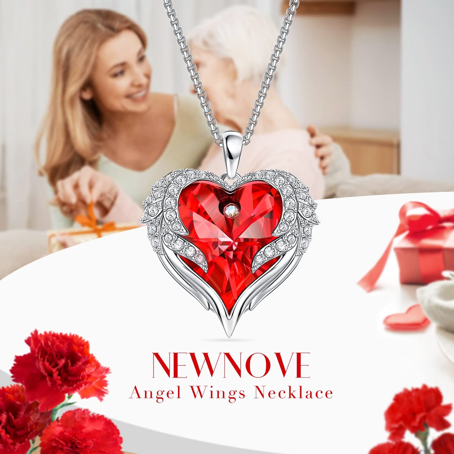 NEWNOVE Gifts for Her, Preserved Real Red Rose with Angle Wings Necklace, Forever Flowers Gifts for Mom Grandma Wife Girlfriend at Christmas, Valentines, Anniversary or Birthday Gifts for Women