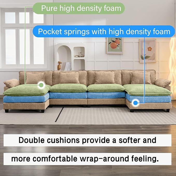 Oprisen 154" Modular Sectional Sofa, Comfy Cloud Couch Sectional Sofa with Ottoman, Chenille Sofa Sleeper Deep Seat Sofa with Throw Pillows for Living Room (Khaki, 154"- U Shape)