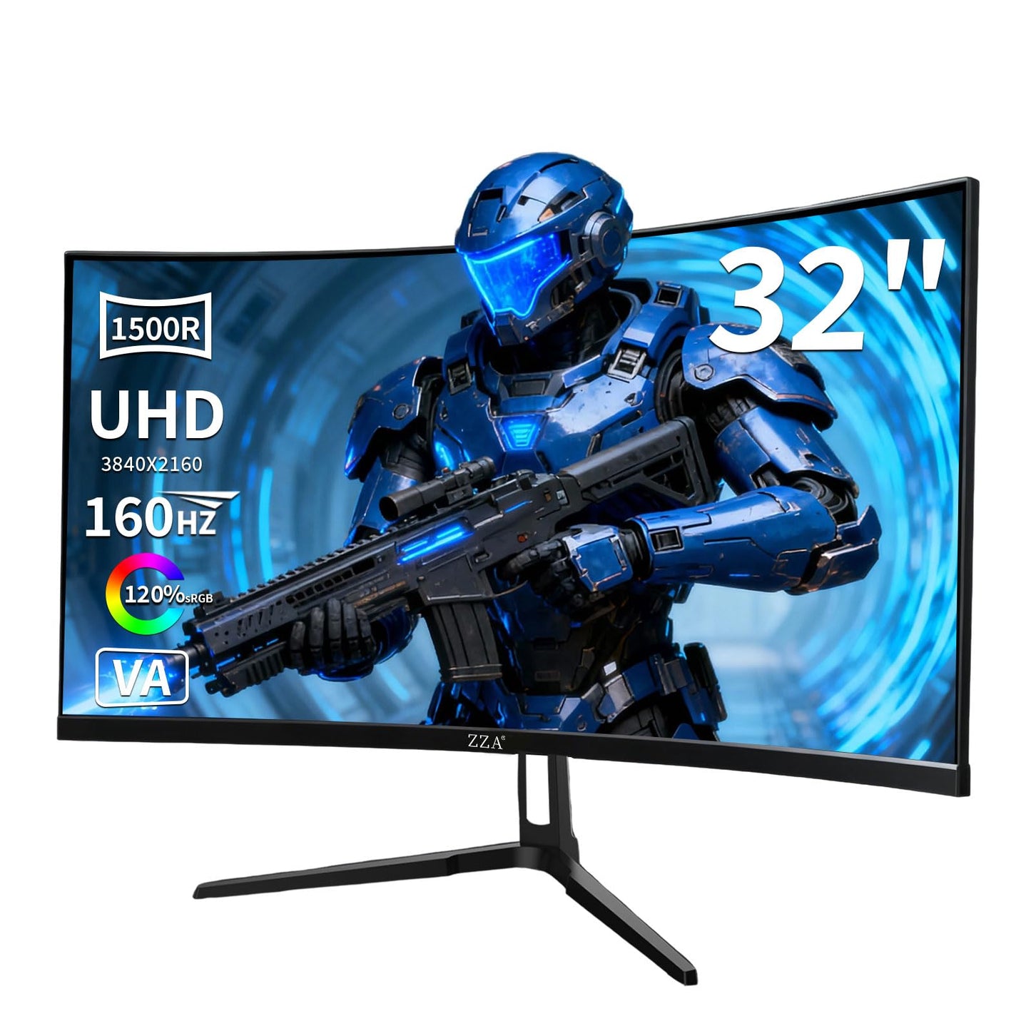 ZZA 32 Inch 4K Curved Gaming Monitor 160Hz Computer Moniter UHD 3840x2160P 1500R Curved VA Screen, Supports AMD Freesync, 120% sRGB HDR10, Wall Mountable Installs, wiht HDMI 2.1 * 2/DP 1.4 * 2, Black