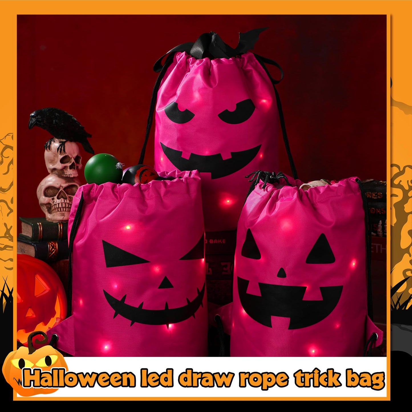 Talltalk 3 Pcs Halloween Light up Bucket LED Treat Drawstring Bags Multipurpose Reusable Pumpkin Candy Goodies Bucket for Kids Halloween Supplies Favors(Pink)