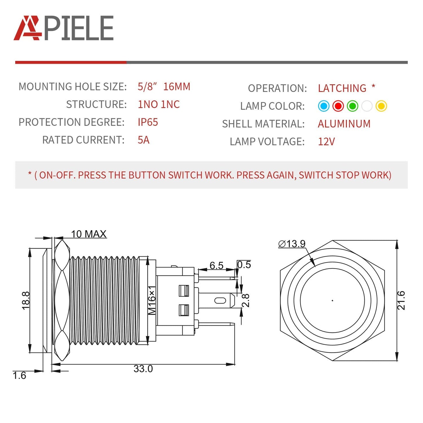 APIELE 16mm Latching Push Button Switch 12V DC On Off Black Shell with LED Angel Eye Head for 0.63" Mounting Hole with Wire Socket Plug Self-Locking (White/Black Shell)