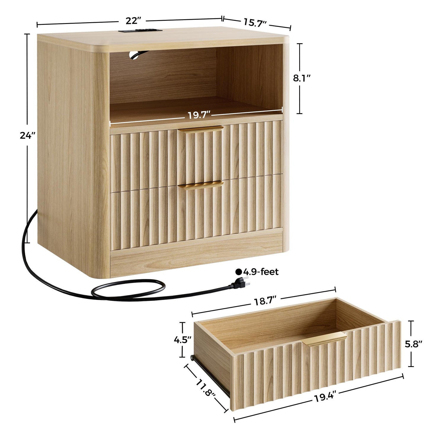 IRONCK 3 Pieces Dresser Bedroom Set, 6 Drawer Dresser and Nightstand Sets of 2 with Charging Station, Fluted Wood Chest of Drawers Wide Storage Cabinet Set, Natural