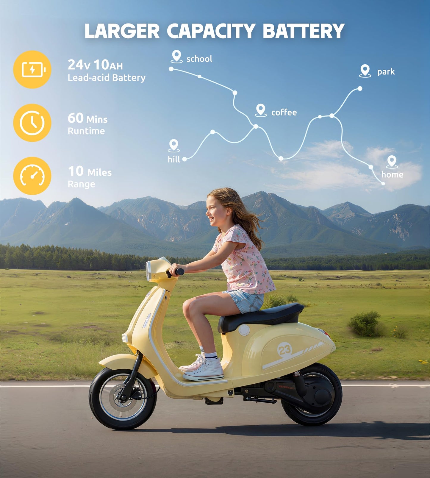 Kids Motorcycle, 2 Wheel Electric Motorcycle for Girls Ages 8-12, 24V Ride on Toys with Music, Story, Headlight, 3 Speed Options, Up to 60min Ride Time, for Riders up to 143 lbs, Easy Assemble, Yellow