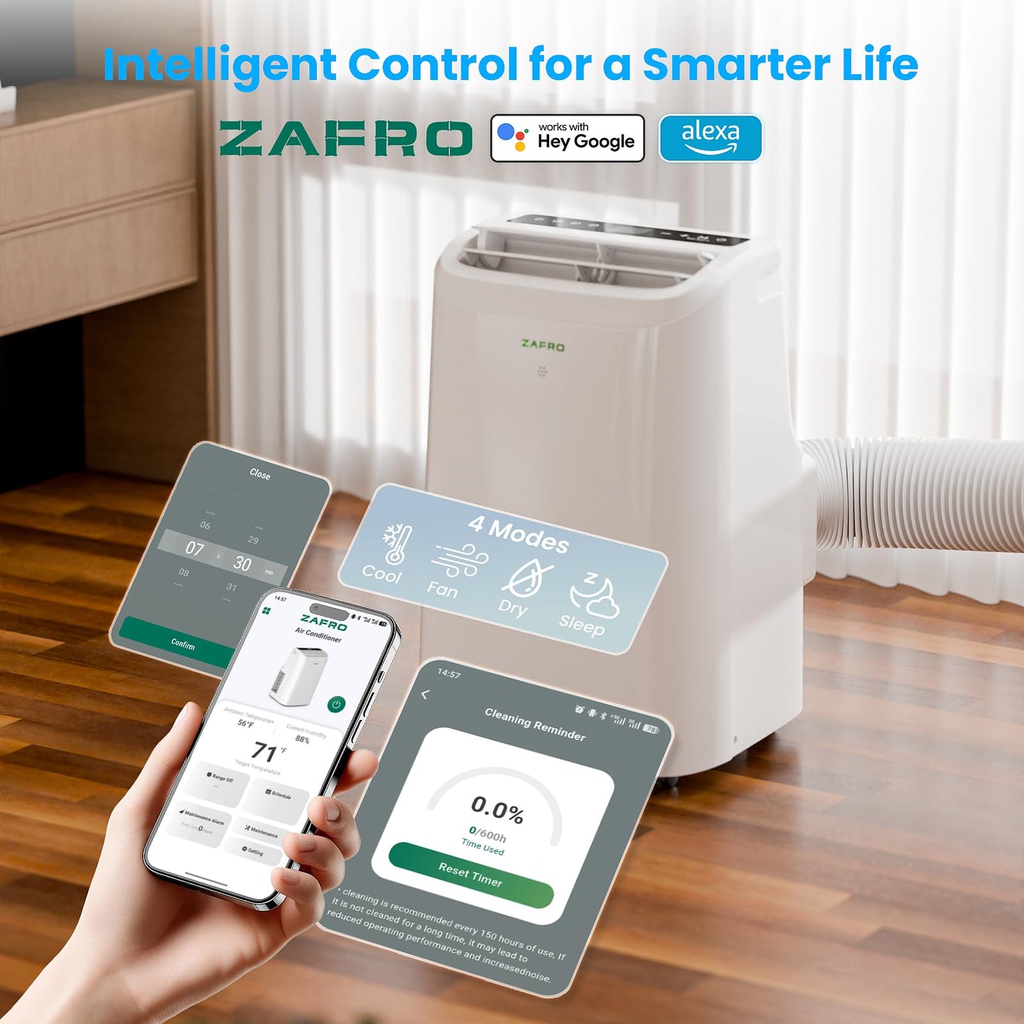 ZAFRO Portable Air Conditioners, 12000 BTU, 3 in 1 Portable AC with Drainage-free Cooling, Fan & Dehumidifier, Smart AC Unit with APP/Remote Control, 47dB Quiet, 24H Timer for Living Room, Bedroom