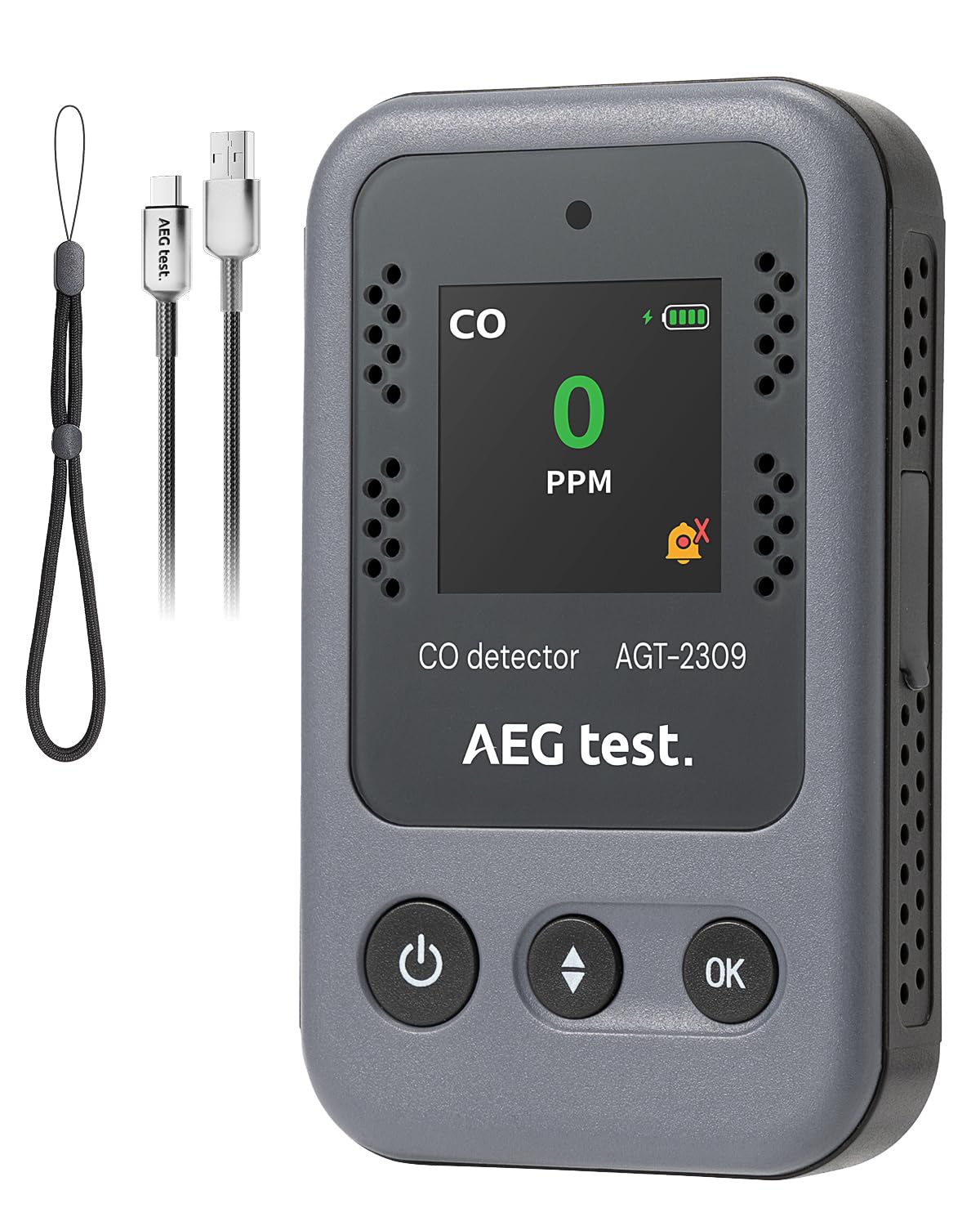 AEGTEST AGT-2309 Portable Carbon Monoxide Detector, 15-Day Standby, Rechargeable Mini CO Monitor with Lanyard for Travel & Camping, Handheld CO Meter with Audible & Visual Alerts, 0-1000ppm - Gray