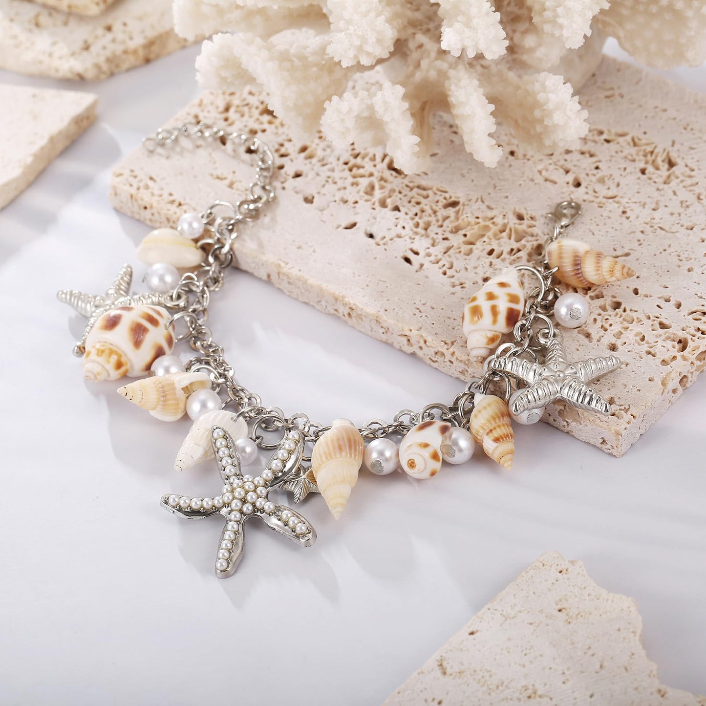 RUOFFETA Shell Starfish Necklace Bracelet Conch Statement Chunky Necklace Mermaid Costume Jewelry Beach Jewelry for Women(Bracel