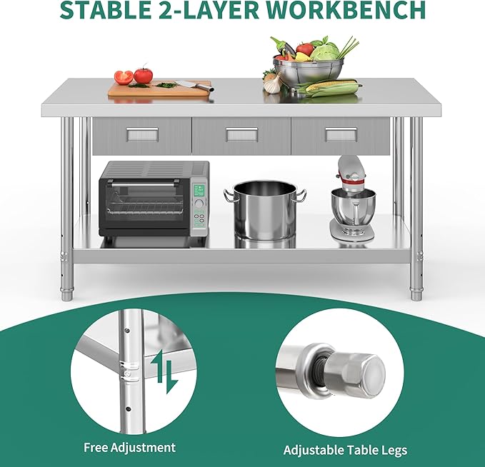 YITAHOME 60" X 24" NSF Stainless Steel Table with 3 Drawers, Work Table with Drawer, Metal Table Prep Table for Commercial Home Kitchen Restaurant Garage Warehouse