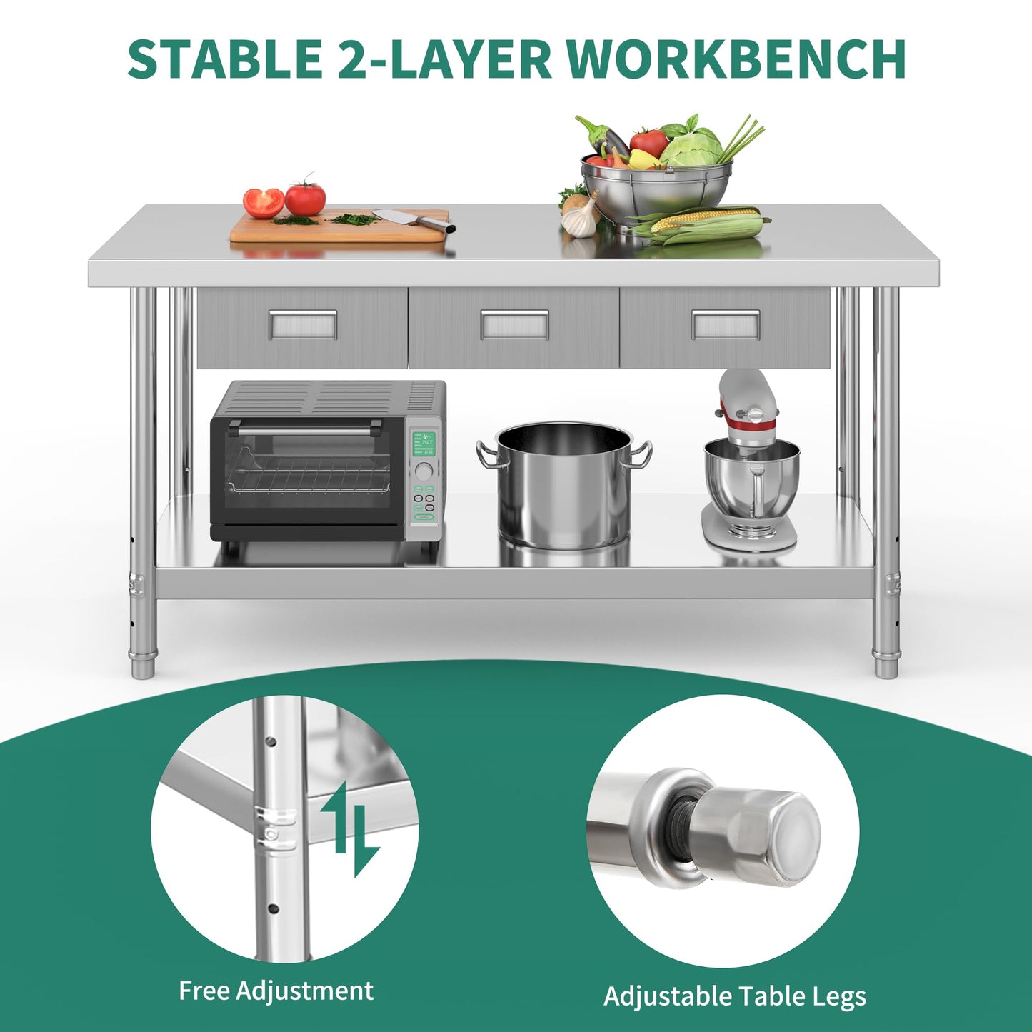 YITAHOME 60" X 24" NSF Stainless Steel Table with 3 Drawers, Work Table with Drawer, Metal Table Prep Table for Commercial Home Kitchen Restaurant Garage Warehouse