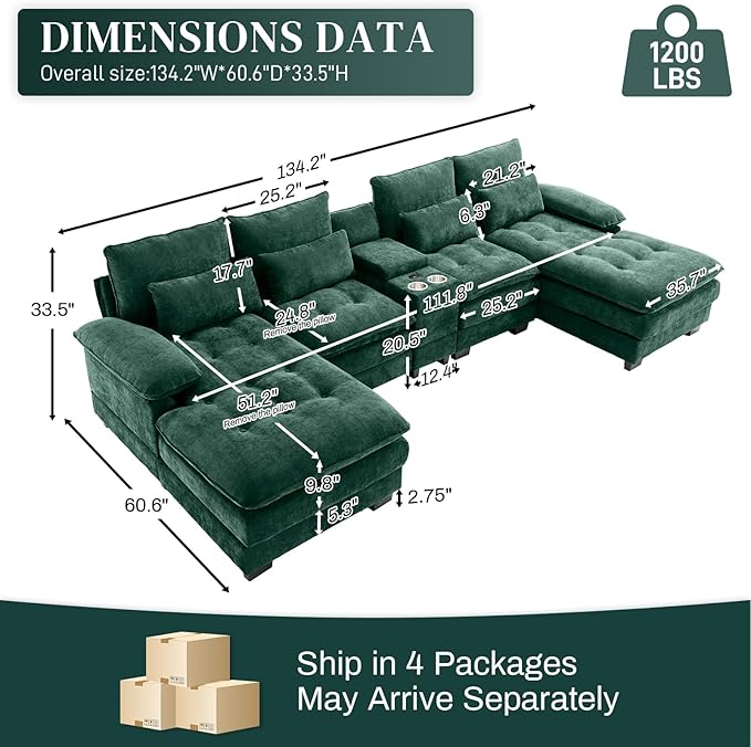 BEQAI 134"U Shaped Sectional Couches for Living Room,Oversized Modular Sectional Fluffy Couch with Chaise Lounge & Tufted Buttons,Modern Chenille 6 Seat Living Room Sofa Set with Storage Console,Green