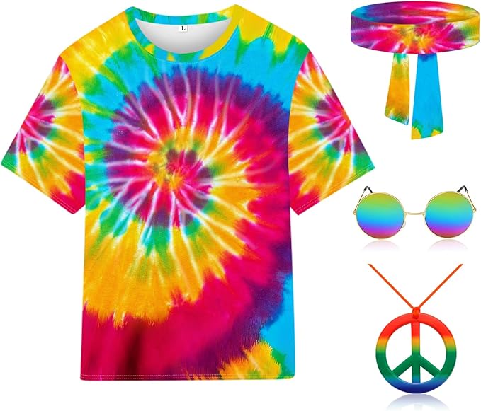 kooirsp Hippie Costume for Men Women 4PCS Mens 60s 70s Outfit Set Colorful Hippie Shirt Sunglasses Headband Peace Necklace