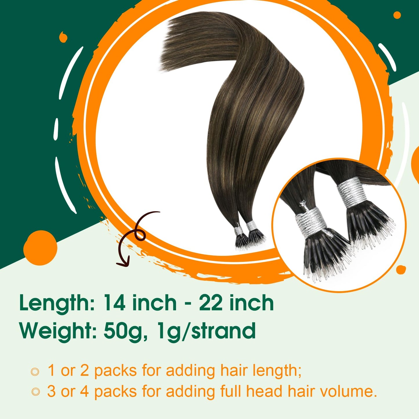 Easyouth Nano Beads Hair Extension Human Hair Balayage Nano Tip Hair Extensions Real Hair Darkest Brown Ombre Light Brown Nanos