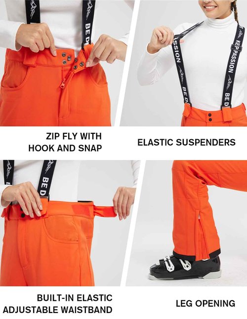 fit space Women's Insulated Warm Ski Snow Pants Waterproof 15,000mm Removable Suspenders Winter Hiking Snowboard Fleece Lined (XX-Large,Dark Orange)