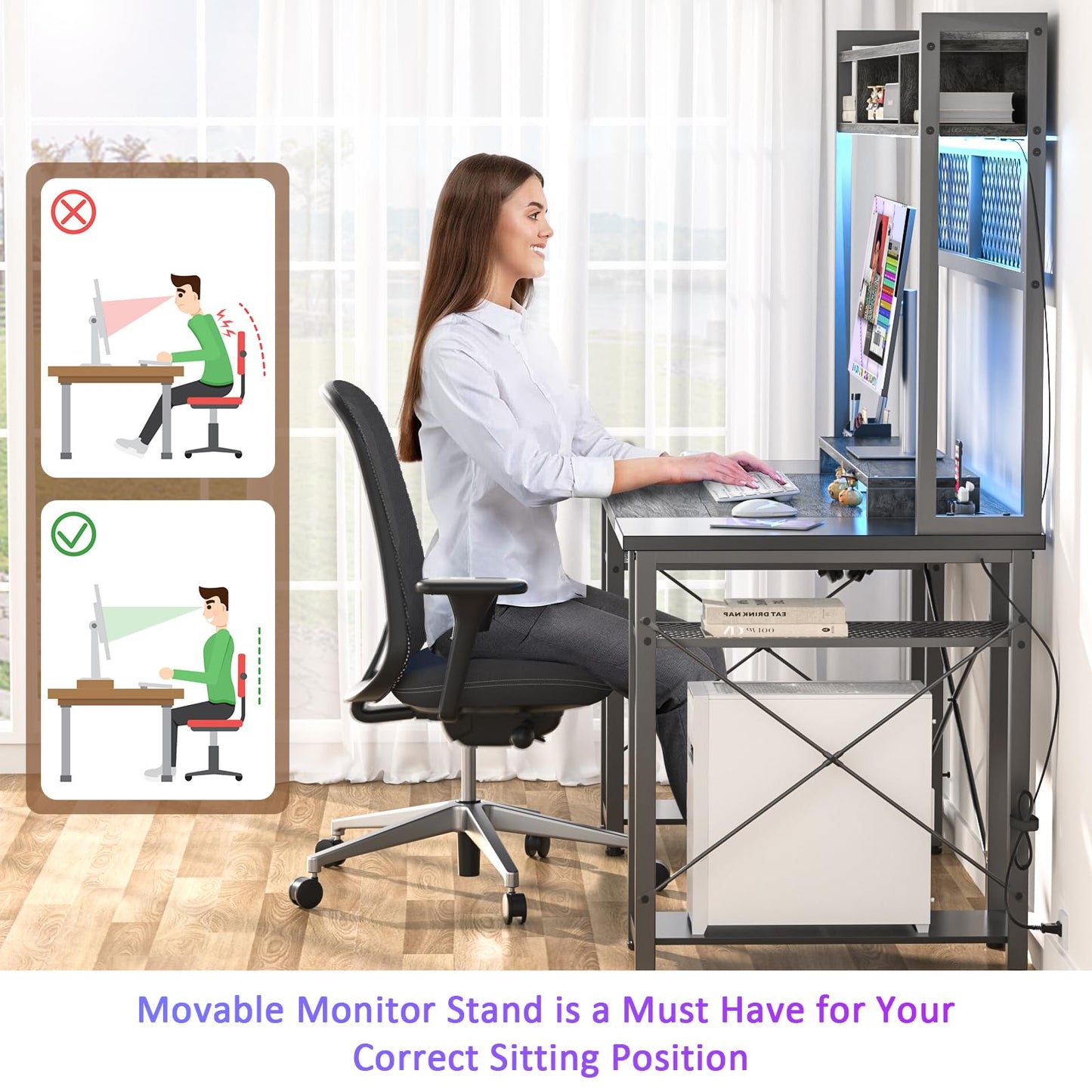 armocity 2024 Upgrade Gaming Desk with Hutch, 48'' Magic Computer Desk with LED and Outlets, Reversible Workstation Desk with Pegboard, Oak and Black