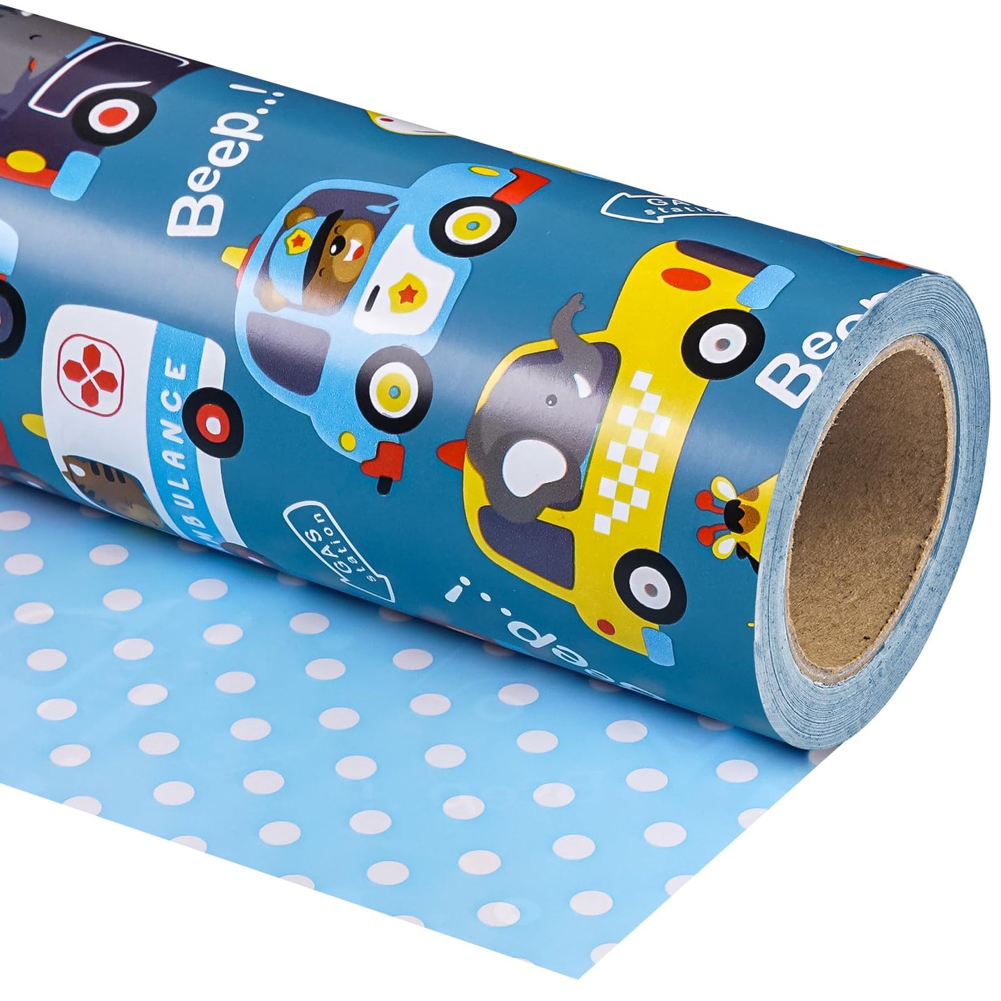 WRAPAHOLIC 30 Inch Jumbo Reversible Car Wrapping Paper - 30 Inch x 33 Feet - Adorable Police Car Fire Trucks Animal Wrapping Paper for Kids Boys Birthday, Baby Shower