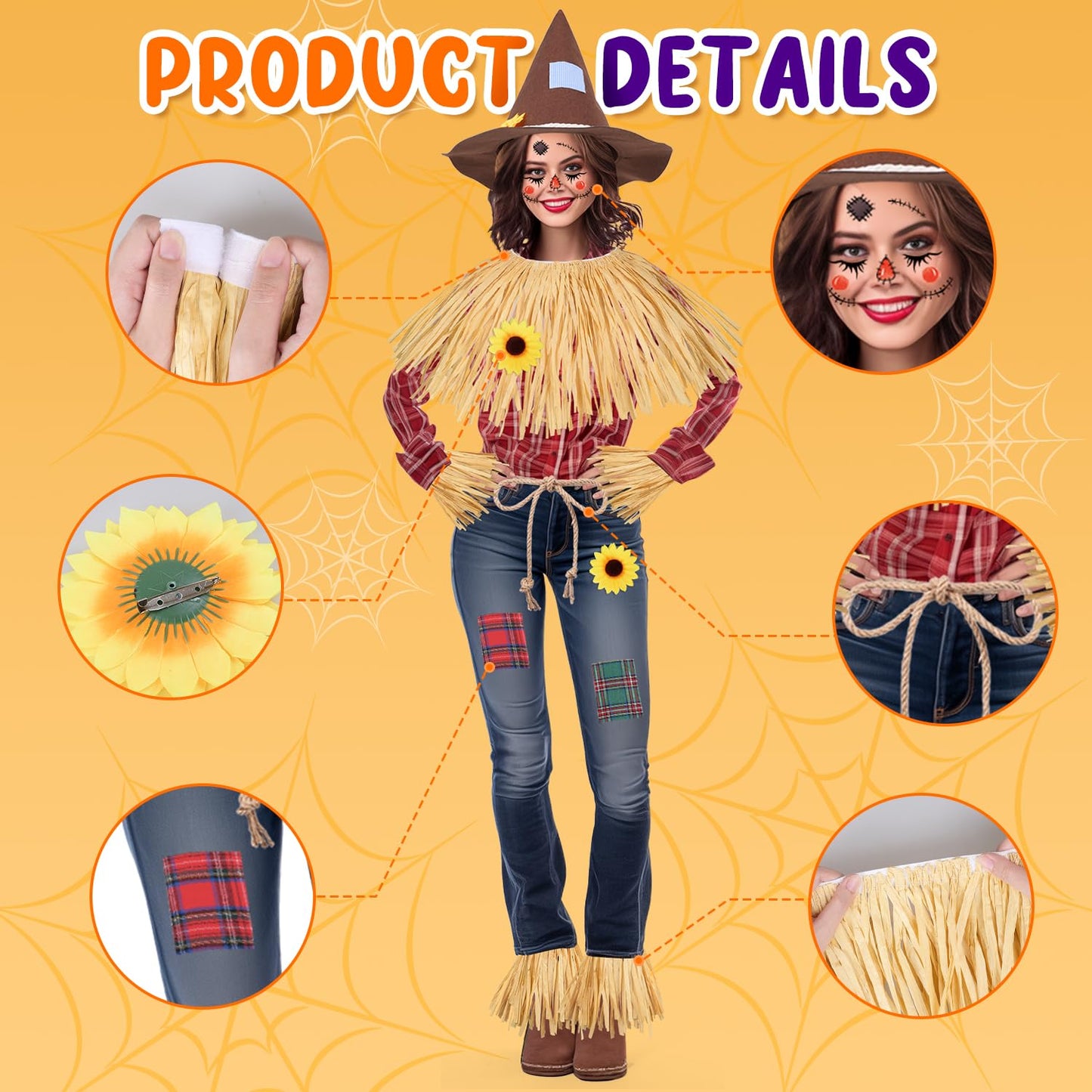 MOVINPE 12 Pieces Scarecrow Costume Kit for Adult Kids, Raffia Scarecrow Accessories Felt Hat Rope Face Decals Sunflower Patchwork for Halloween Harvest Cosplay Party Brown