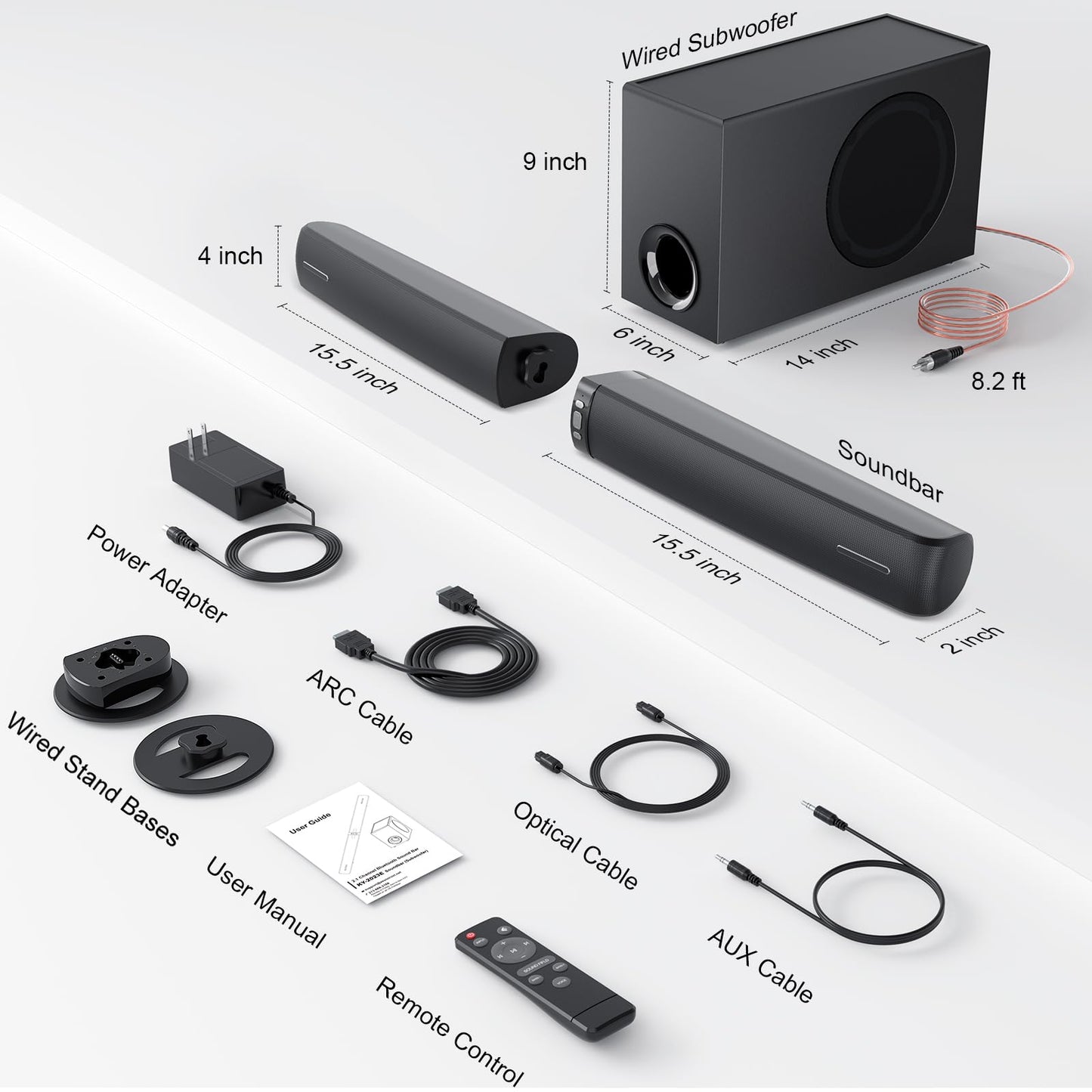 Assistrust Sound Bar with Subwoofer, 110W Sound Bar for Smart TV with Adjustable Deep Bass & Volume Boost & 3 EQ Modes, Bluetooth/ARC/Opt/AUX, Detachable Soundbar for TV/PC/Gaming/Projector
